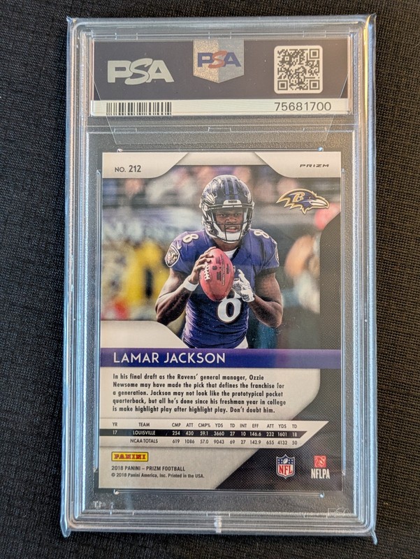 2018 Panini Prizm Lamar Jackson Red White Blue Prizm #212 Ravens RC PSA 10 view 2
