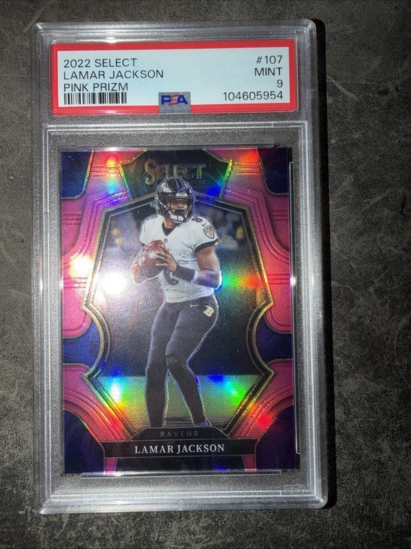 2022 Panini Select - Premier Level Lamar Jackson Pink Prizm 1/10 - PSA 9