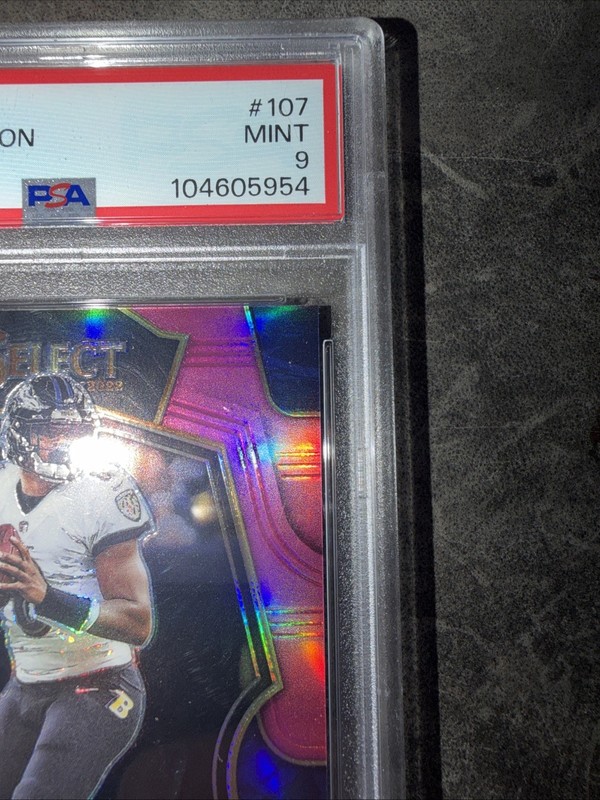 2022 Panini Select - Premier Level Lamar Jackson Pink Prizm 1/10 - PSA 9 view 2