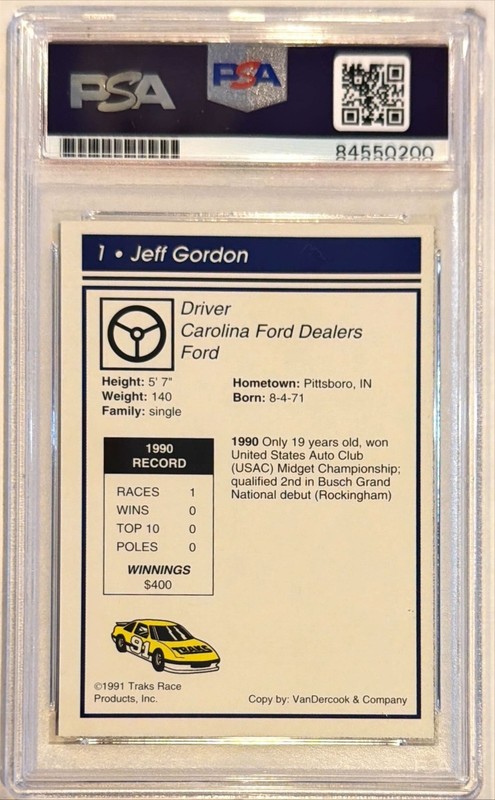 1991 Traks Racing Jeff Gordon NASCAR Signed Auto Rookie RC Card #1 PSA DNA view 2