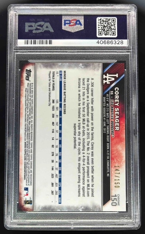 2016 Topps Chrome 150 Corey Seager Blue Refractor /150 ROOKIE RC PSA 9 MINT view 2