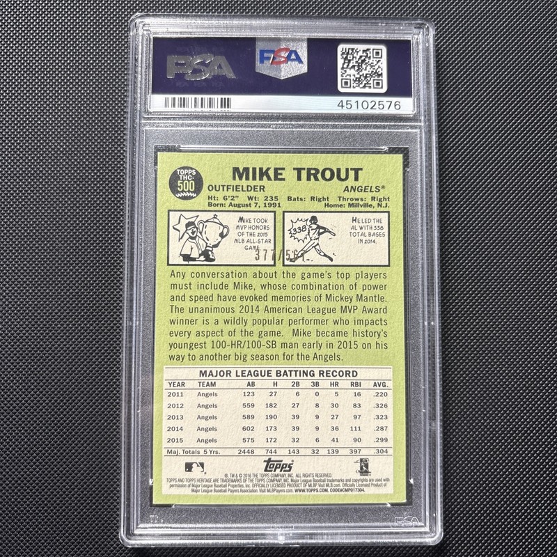 2016 Topps Heritage Chrome Refractor 377/567  Mike Trout #THC-500 PSA 9 MINT  view 2