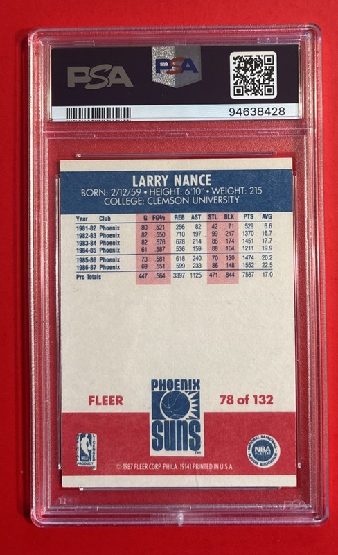 1987 FLEER LARRY NANCE #78 PSA 8 Vtg Mint Graded Basketball Card PHOENIX SUNS view 2