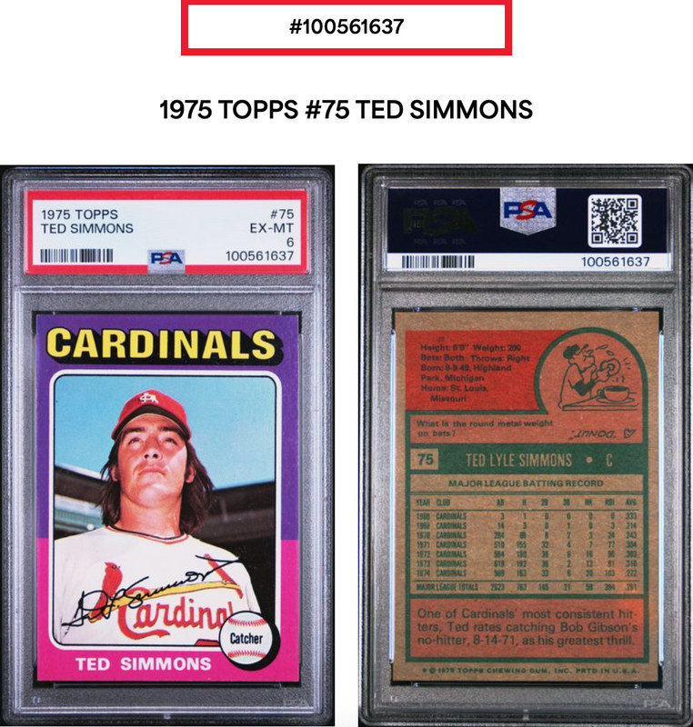 VINTAGE 1975 Topps #75 TED SIMMONS [HOF] PSA 6 EX/MT [WELL CENTERED!!]🔥🔥🔥