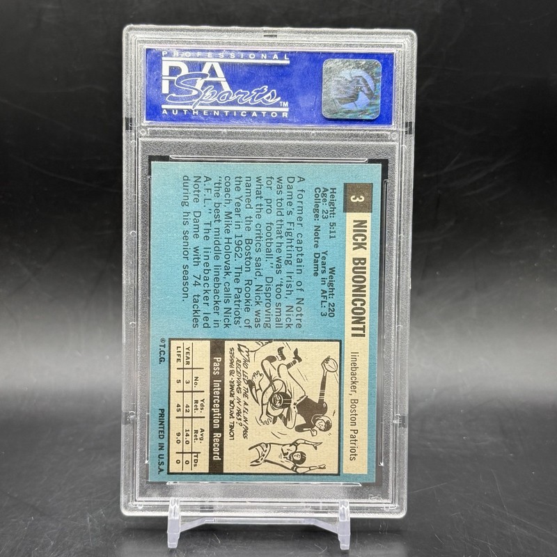 1964 Topps #3 Nick Buoniconti Boston Patriots Vintage Football Card PSA 8 view 2