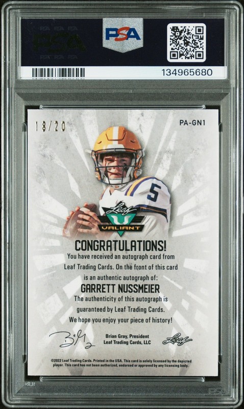 2022 Leaf Valiant GARRETT NUSSMEIER Navy Blue Rookie AUTO 18/20 PSA 10 AUTO 10 view 2