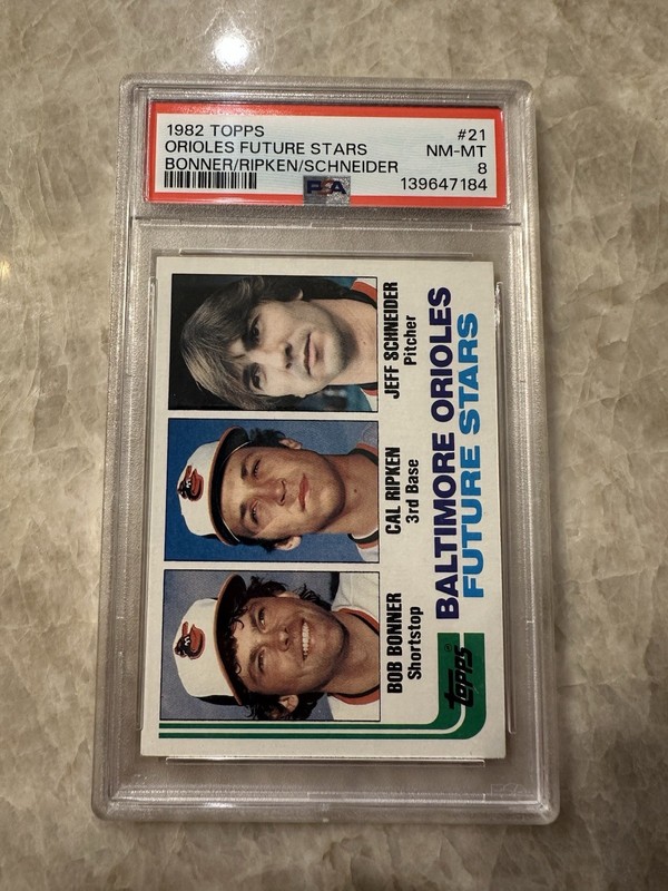1982 TOPPS ORIOLES FUTURE STARS #21 BONNER/RIPKEN/SCHNEIDER ROOKIE RC PSA 8