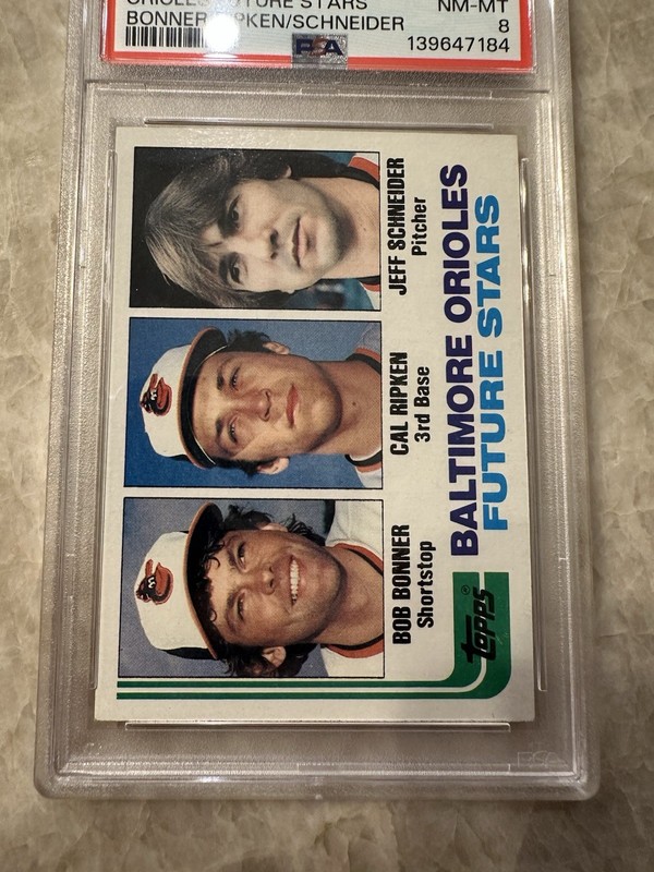 1982 TOPPS ORIOLES FUTURE STARS #21 BONNER/RIPKEN/SCHNEIDER ROOKIE RC PSA 8 view 2