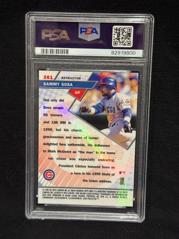 SAMMY SOSA CUBS 1999 TOPPS FINEST #261 STERLING REFRACTOR GRADED MINT PSA 9 view 2