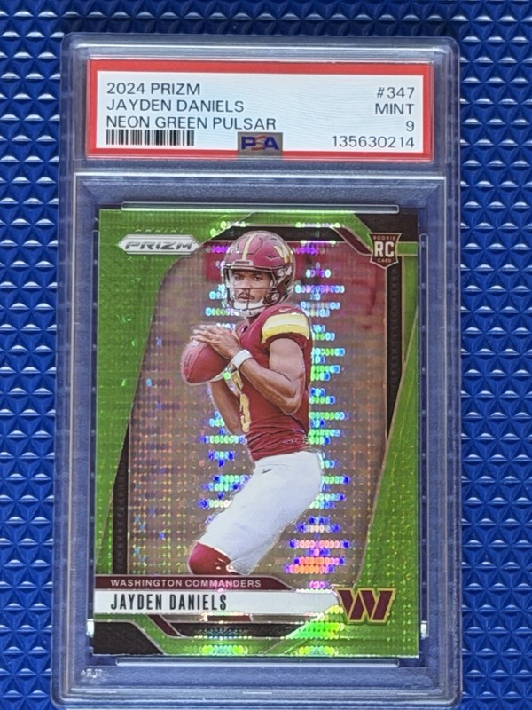 2024 Panini Prizm Jayden Daniels #347 Neon Green Pulsar Prizm Rookie PSA MINT 9 view 2