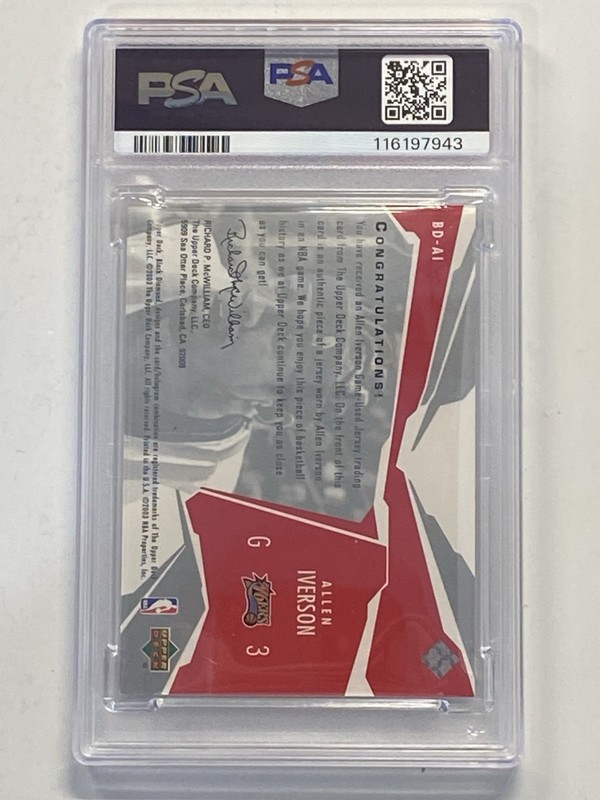 2003 UD Black Diamond Allen Iverson Game Worn Patch Auto Signed PSA DNA view 2