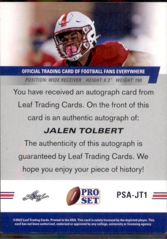 2022 Pro Set Draft #PSA-JT1 Jalen Tolbert Autographs view 2