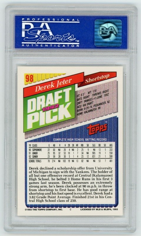 1993 Topps #98 Derek Jeter Florida Marlins Inaugural RC Rookie PSA 9 Mint HOF view 2