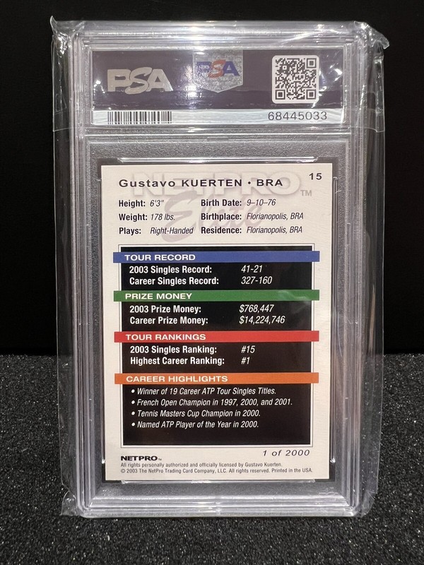 2003 Netpro Elite 2000 15 Gustavo Kuerten PSA 10 view 2