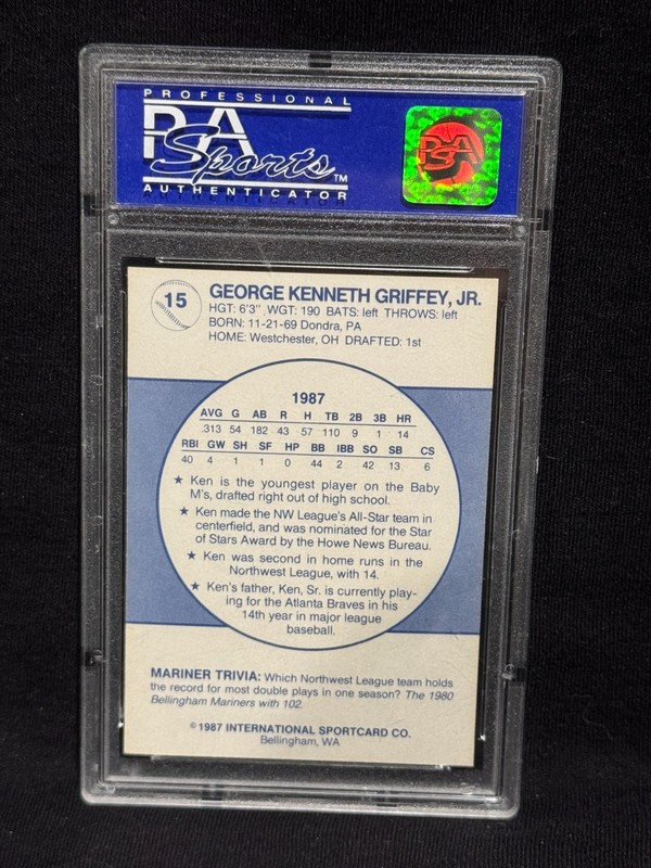 KEN GRIFFEY JR. MARINERS 1987 BELLINGHAM TEAM ISSUE ROOKIE #15 GRADED MINT PSA 9 view 2