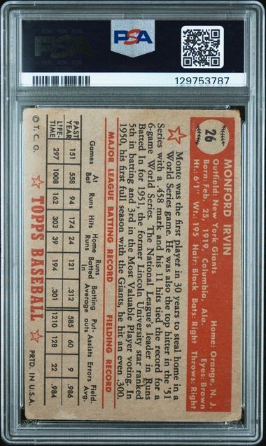 1952 Topps Red Back #26 Monty Irvin PSA 1.5 Fair HOF view 2