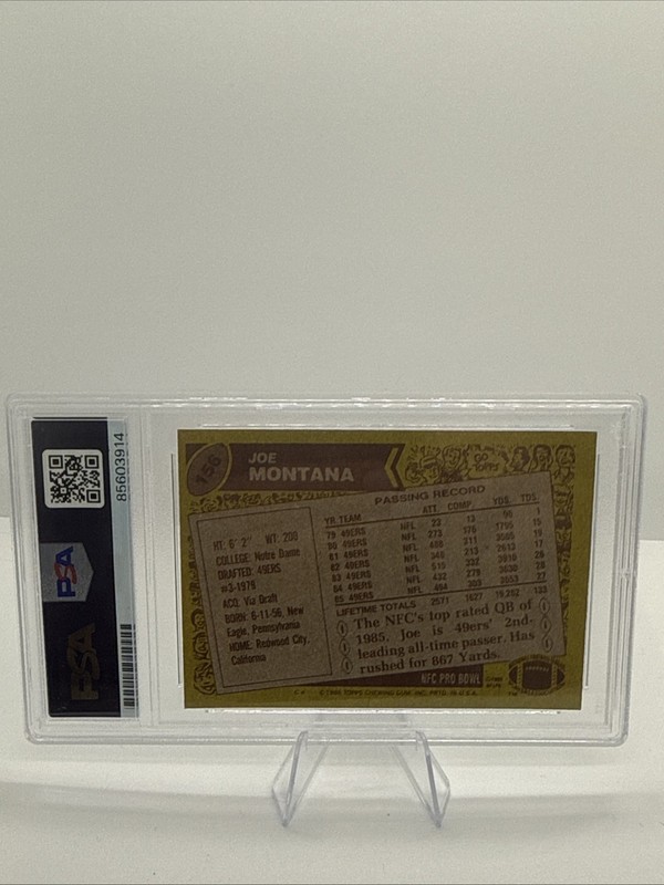 Joe Montana Autographed/Signed 1986 Topps #156 PSA Authentic Blue Ink view 2