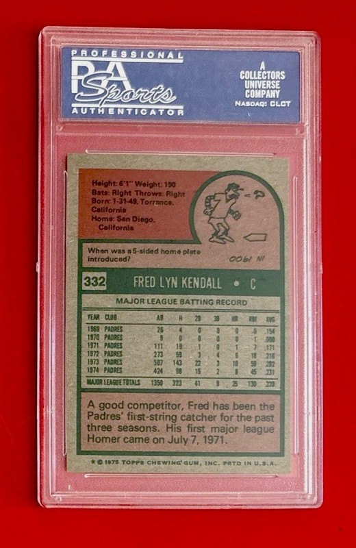 1975 TOPPS FRED KENDALL #332 PSA 8 GRADED BASEBALL CARD SAN DIEGO PADRES VINTAGE view 2