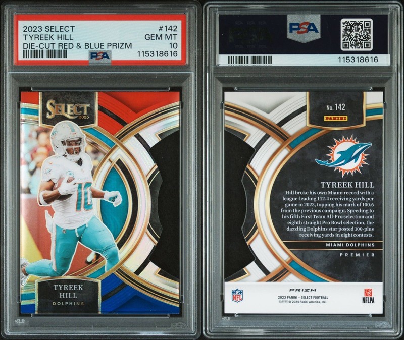 2023 Panini Select Premier Level Tyreek Hill #142 Red Blue Prizm Die Cut PSA 10
