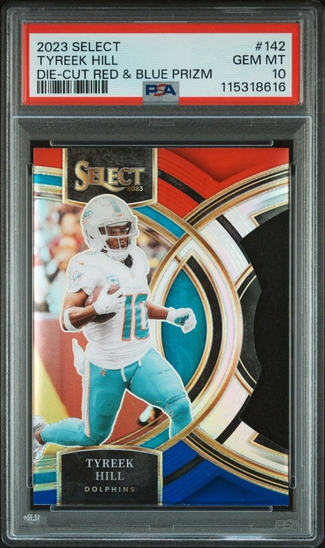 2023 Panini Select Premier Level Tyreek Hill #142 Red Blue Prizm Die Cut PSA 10 view 2