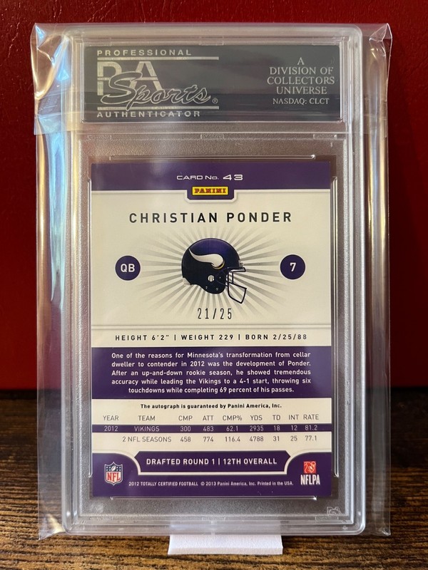 2012 PANINI TOTALLY CERTIFIED PLATINUM GOLD AUTOS CHRISTIAN PONDER #21/25 PSA 9 view 2