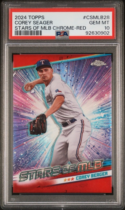 Red /75 Corey Seager 2024 Topps Series 1 Stars of MLB Chrome #CSMLB-28 PSA 10