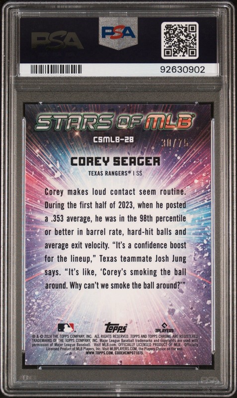 Red /75 Corey Seager 2024 Topps Series 1 Stars of MLB Chrome #CSMLB-28 PSA 10 view 2