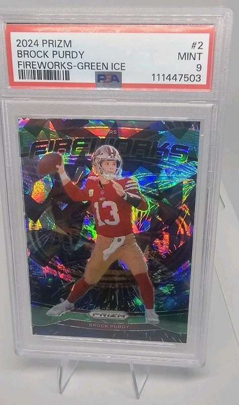 2024 Panini Prizm Fireworks Brock Purdy #2 Green Cracked ice Prizm PSA 9
