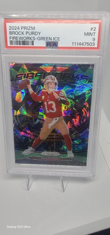2024 Panini Prizm Fireworks Brock Purdy #2 Green Cracked ice Prizm PSA 9 view 2