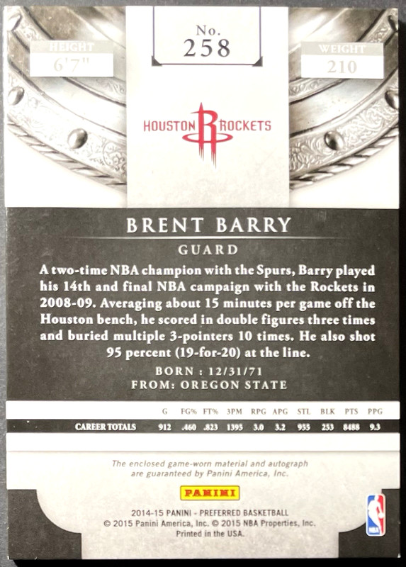 ( /25 ) Brent Barry 2014-15 Preferred Silhouettes Prime SSP Patch Auto Rockets view 2