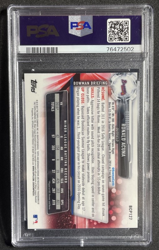 2017 Bowman Chrome 1st Prospect Ronald Acuna Jr. 70th Blue Refractor  PSA 9 view 2