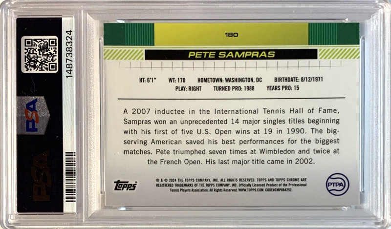 2024 TOPPS CHROME TENNIS #180 PETE SAMPRAS HOF PRISM REFRACTOR PSA 10--POP 2 view 2