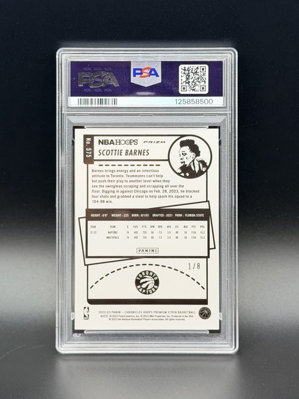 SCOTTIE BARNES 🦖✨• Asia Gold /8 2022-23 Hoops Premium Stock PSA 9 view 2