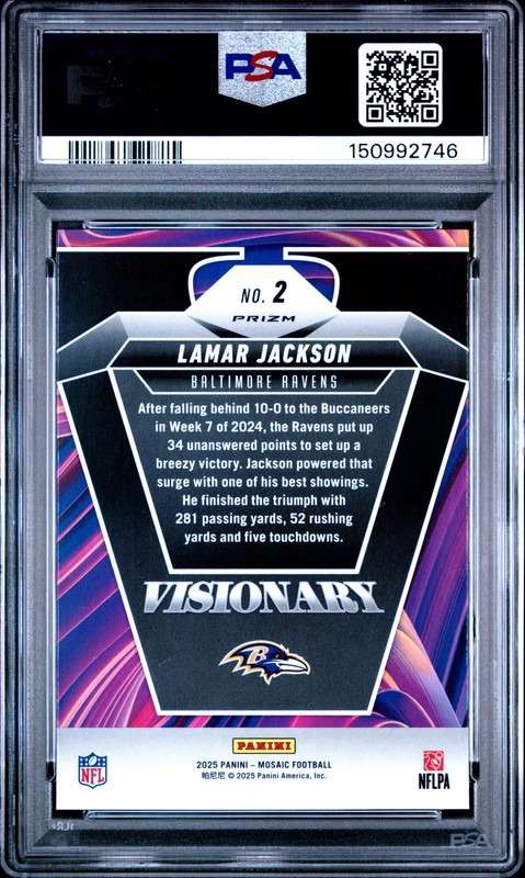 2025 Panini Mosaic Visionary Lamar Jackson #2 PSA 10 view 2