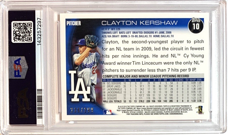 2010 TOPPS #10 RED BORDER CLAYTON KERSHAW DODGERS FUTURE HOF PSA 10—POP 1 view 2