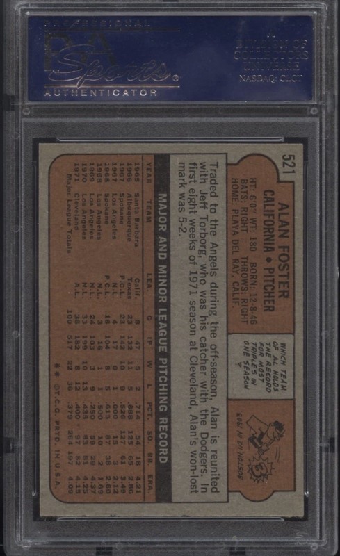 1972 TOPPS ALAN FOSTER #521 PSA 7 Graded Baseball Card Vintage CALIFORNIA ANGELS view 2