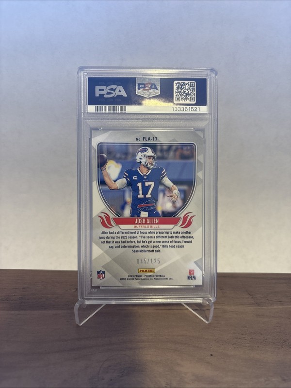 2023 Panini Phoenix Flame Throwers Purple 45/125 Josh Allen PSA 9 Buffalo Bills view 2