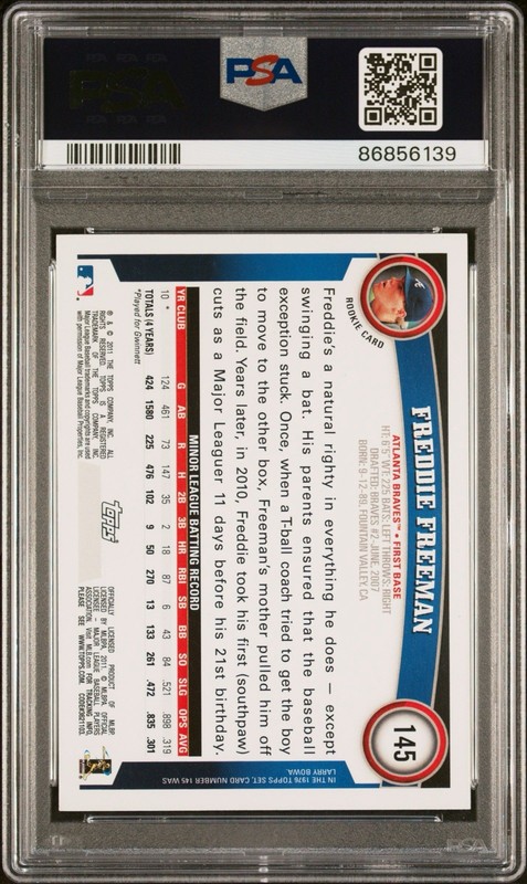 2011 TOPPS FREDDIE FREEMAN ROOKIE CARD #145 PSA 9 view 2