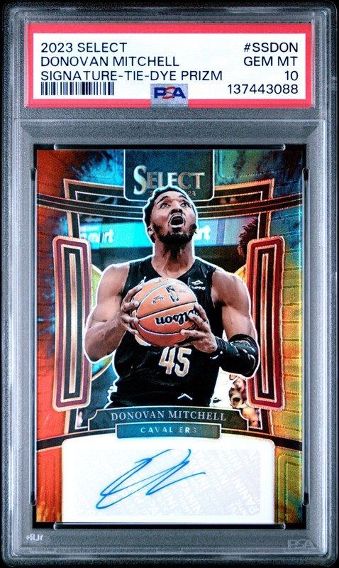 DONOVAN MITCHELL 2023 SELECT SIGNATURE AUTO TIE-DYE PRIZM /25 PSA 10 CAVALIERS