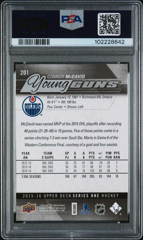 2015/16 Upper Deck Hockey #201 Connor McDavid Young Guns Rookie PSA 10 GEM MINT view 2