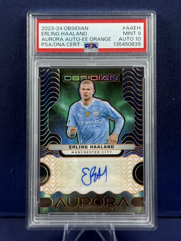 Erling Haaland Obsidian Aurora Auto Orange /25 PSA 9 Auto 10