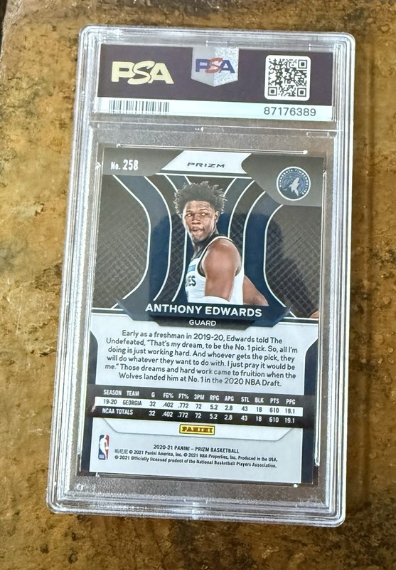 2020 PANINI PRIZM RED/WHITE/BLUE PRIZM #258 ANTHONY EDWARDS ROOKIE RC PSA 10 view 2