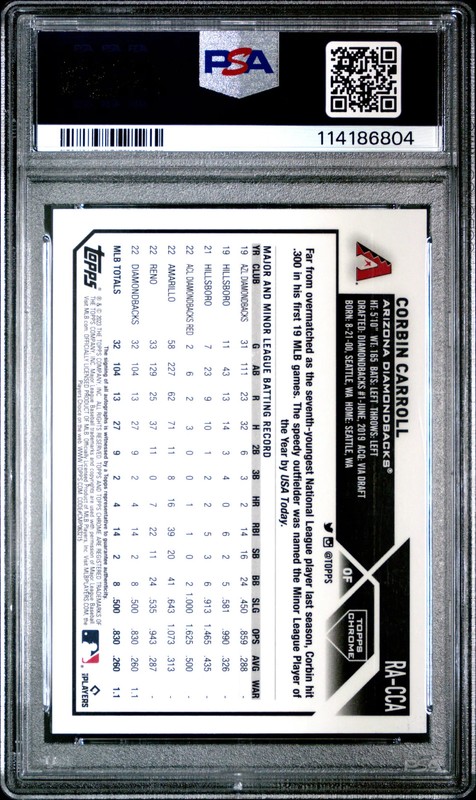 Corbin Carroll 2023 Topps Chrome Rookie Auto #RACCA Purple Speckle /299 PSA 10 view 2