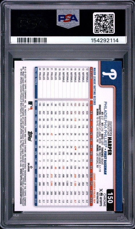 2025 TOPPS CHROME REFRACTOR #150 BRYCE HARPER PSA 9 view 2