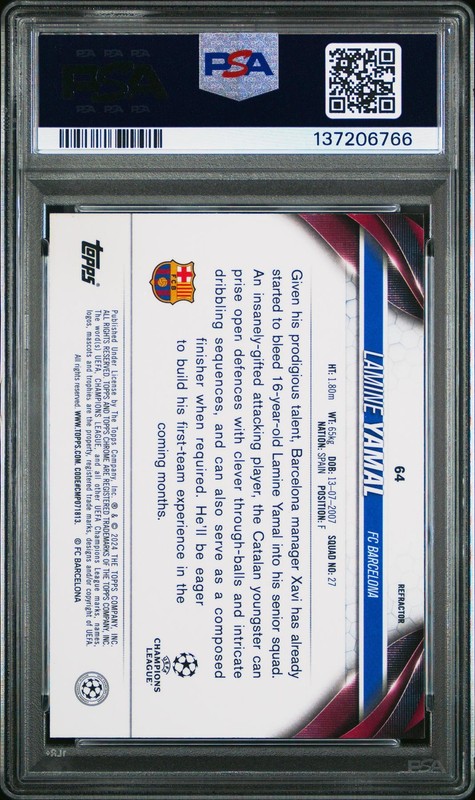 2023/24 Topps Chrome UCC Lamine Yamal Refractor #64 Rookie PSA 9 view 2