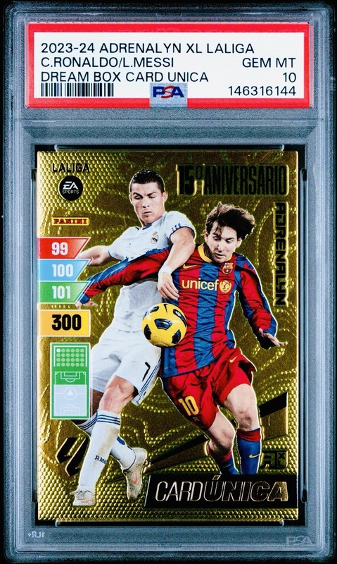 2023-24 Adrenalyn XL La Liga Lionel Messi Cristiano Ronaldo GOATs Faceff PSA 10