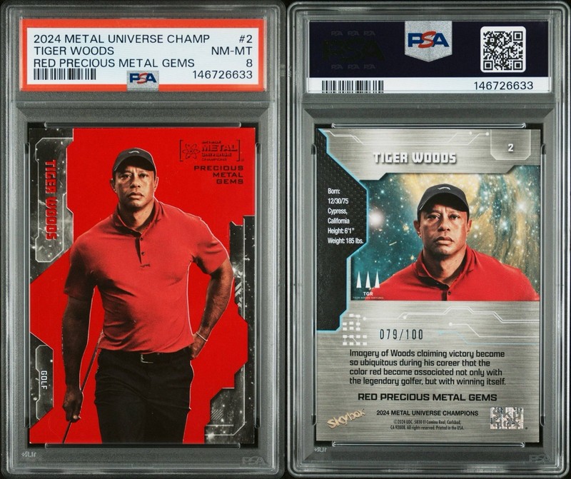 2024 Metal Universe Champions Tiger Woods #2 Red Precious Metal Gems /100 PSA 8