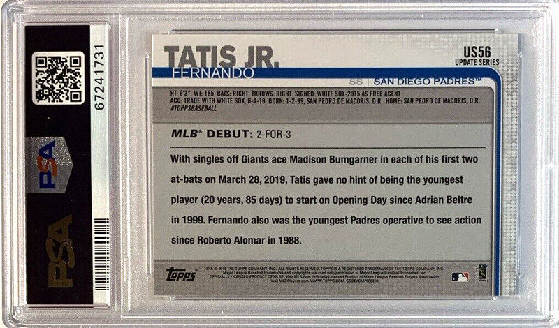 2019 TOPPS UPDATE RAINBOW FOIL # US56 FERNANDO TATIS JR. ROOKIE PSA 10-FAST SHIP view 2