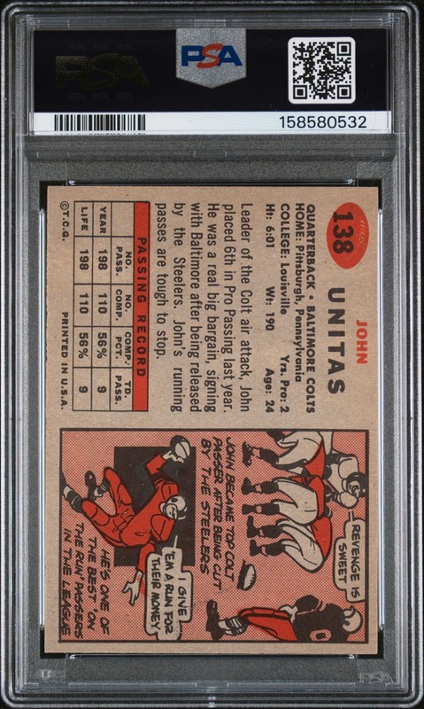 JOHNNY UNITAS CENTERED 1957 TOPPS #138 PSA 7 NEAR MINT ROOKIE RC FRESHLY GRADED view 2