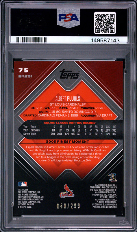 2006 Finest Albert Pujols BLUE REFRACTOR /299 PSA 8 NM-MINT! 🔥 Low Pop! view 2